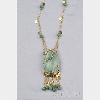 18kt Gold, Carved Jade, and Adventurine Bead Necklace