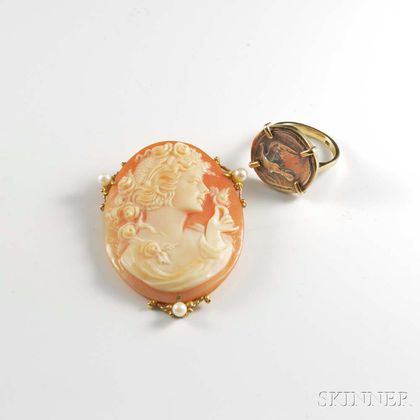 Shell Cameo Pendant/Brooch and a Ring