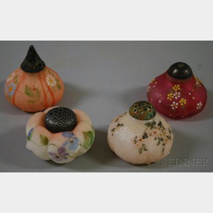 Four Late Victorian Mt. Washington Enamel Floral-decorated Opaque Colored Art Glass Fig-form Shakers. 