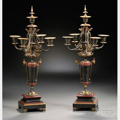 Pair of Gilt-metal and Marble Five-light Candelabra