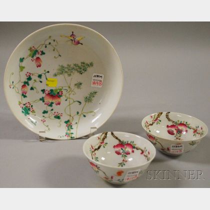 Pair of Chinese Doucai Porcelain Bowls and a Famille Rose Dish