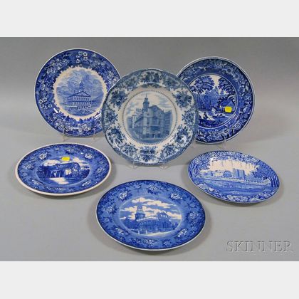 Six Blue and White Transfer-decorated Dinner Plates