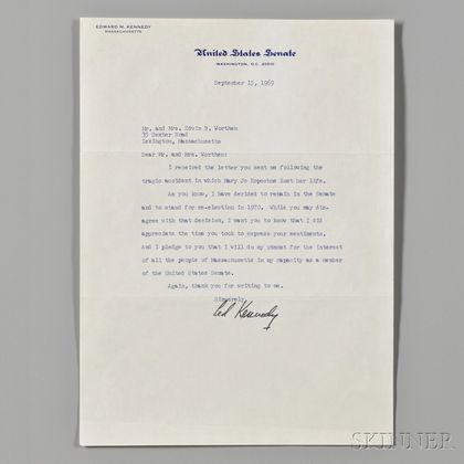 Kennedy, Edward M. (1932-2009) Typed Letter Signed, 15 September 1969.