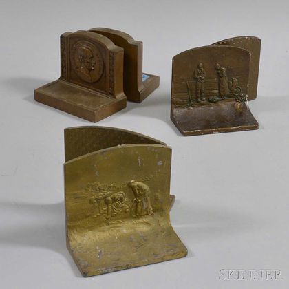 Three Pairs of Bronzed Metal and Clad Bookends