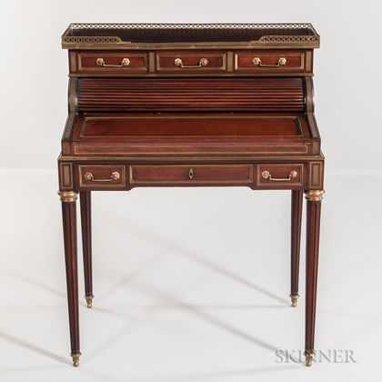 Louis XVI-style Mahogany and Mahogany-veneered Tambour Cylinder Desk
