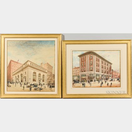 Hughson Hawley (American, 1850-1936) Three Architectural Watercolor Renderings
