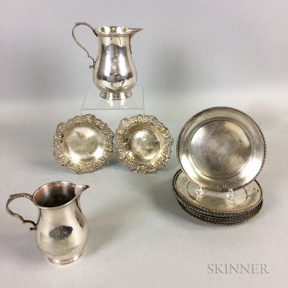 Twelve Sterling Silver Dessert Plates, Two Sterling Silver Floriform Dishes, and Two Silver-plated Pitchers