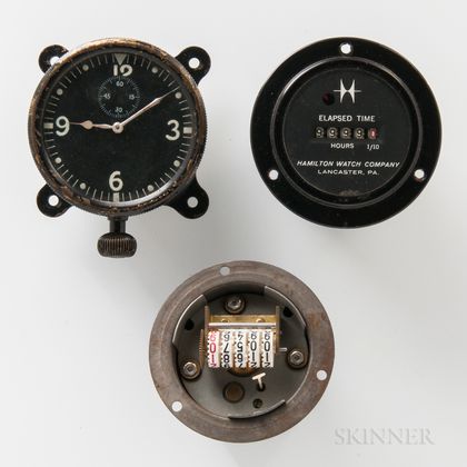 Early Hamilton Watch Co. 16 Size Aircraft Clock and Two Elapsed Time Indicators