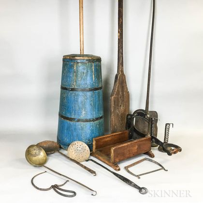 Group of Iron, Brass, and Wood Domestic Items