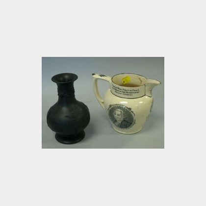 Wedgwood Basalt Vase and a Small Liverpool Creamware Washington/Lafayette Pitcher. 