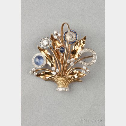 14kt Gold, Diamond, and Sapphire Stickpin Flower Basket Brooch