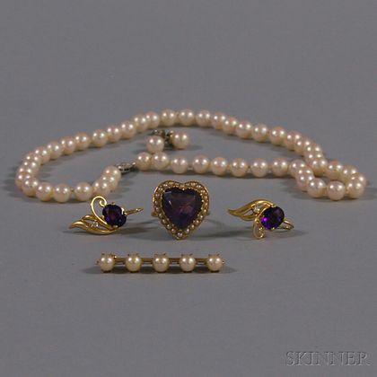 Five Pieces of Pearl and Amethyst Jewelry