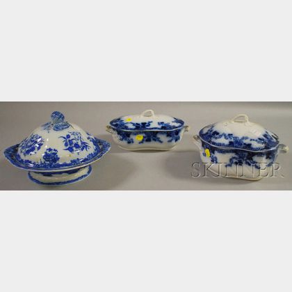 Hughes & Son Flow Blue Cover Tureen and Covered Serving Bowl, and a Davenport Venetian Pattern Ceramic Covered Serving Bowl. 