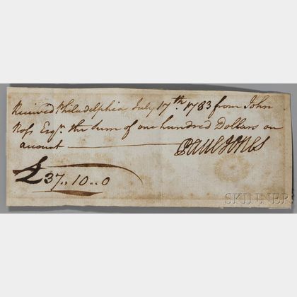 Jones, John Paul (1747-1792) Signed Receipt, Philadelphia, 17 July 1783.
