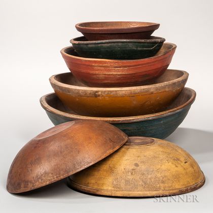 Seven Turned and Painted Wooden Bowls