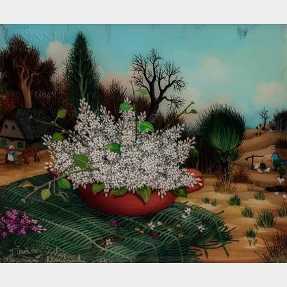 Ivan Vecenaj (Croatian, 1920-2013) Bowl of Lilacs in a Country Landscape