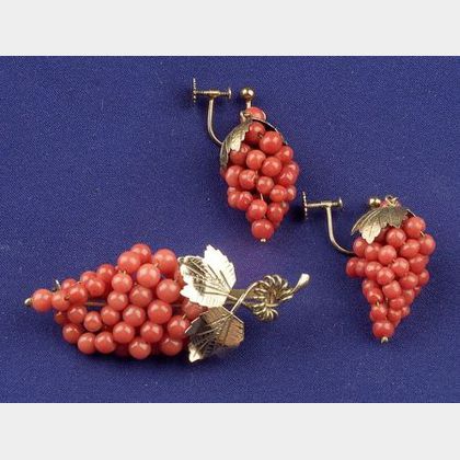 14kt Gold and Coral Pin and Earpendants
