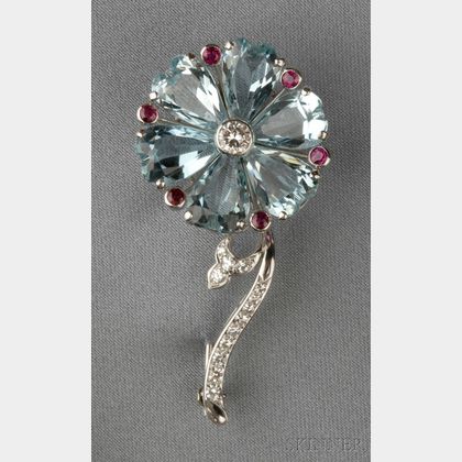 Platinum, Aquamarine, and Diamond Flower Brooch