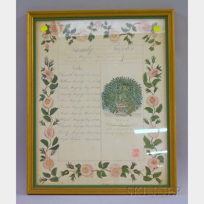 Framed Pen and Watercolor Handwritten and Illustrated Morgridge/Jackson Family Register