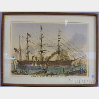 Framed John Dodge Hand-colored Print Leviathan Clipper Ship the "Great Republic" Fully Rigged