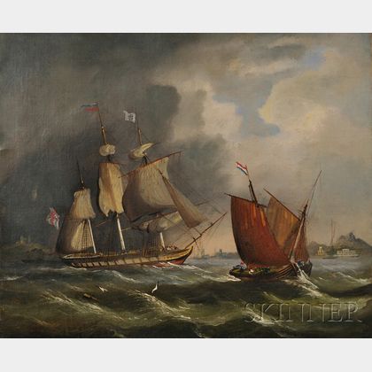 Continental School, 19th Century Lot of Two Seascapes with Sailing Vessels in Heavy Seas