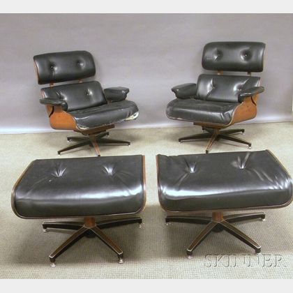 Two Eames-style Modern Naugahyde Upholstered Walnut Laminated Swivel Lounge Chairs with Ottomans