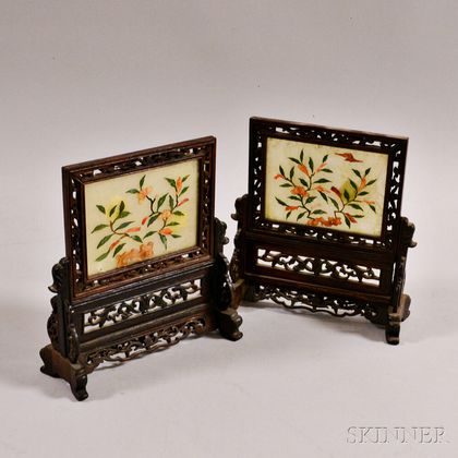 Pair of Small Openwork Table Screens with Plaques