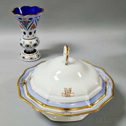 German Porcelain Covered Dish and a Cased Cobalt Glass Vase Floral Decoration