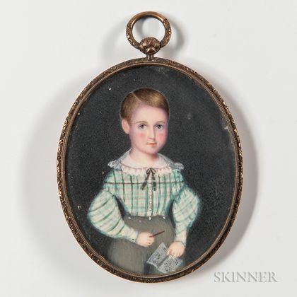 American School, Early 19th Century Miniature Portrait of a Boy in a Plaid Shirt Holding a Sketchbook