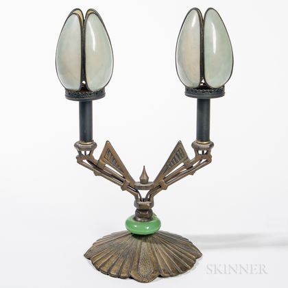 Art Deco Bronzed Metal and Slag Glass Two-light Table Lamp