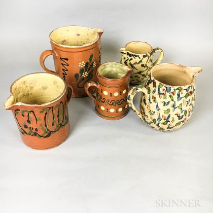 Five Polychrome Glazed Pottery Pitchers