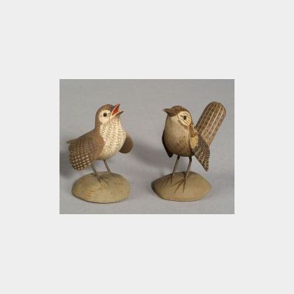 Pair of Miniature Carved and Painted Rock Wrens