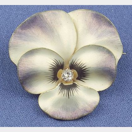 Art Nouveau 14kt Gold, Enamel and Diamond Pansy Brooch