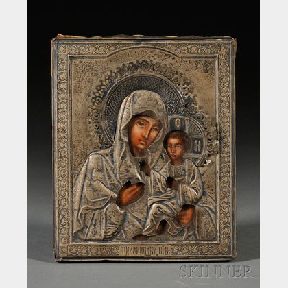 Small Russian Icon of the Tikhvin Mother of God in Silver Riza