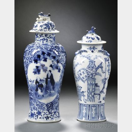 Two Blue and White Covered Vases