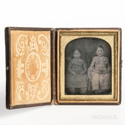 Sixth-plate Tinted Daguerreotype of Two Seated Little Girls