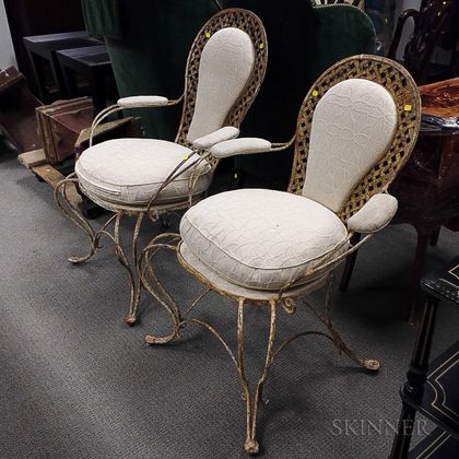 Pair of Hollywood Regency Upholstered and Painted Iron Armchairs