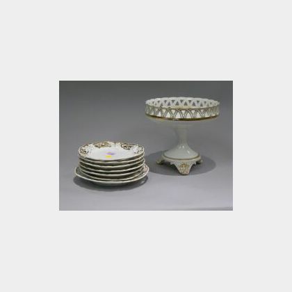 French Porcelain Compote and Set of Six Fruit Plates. 