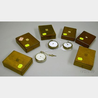Group of Three Pocket Watches and Six Hardwood Watch Boxes