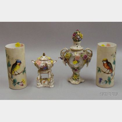Two Porcelain and a Pair of Hand-painted Vases