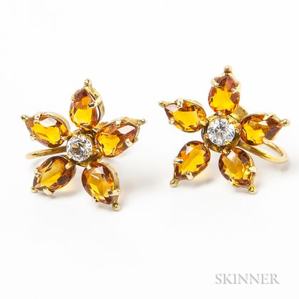 14kt Gold, Citrine, and Diamond Floral Earclips