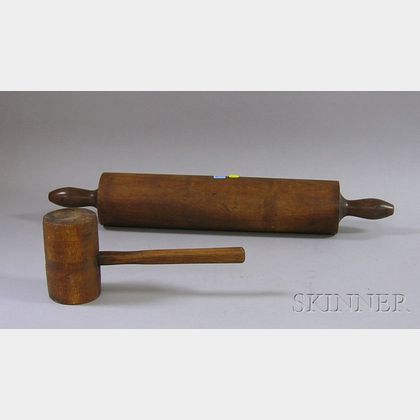 Large Walnut Rolling Pin and a Wooden Mallet