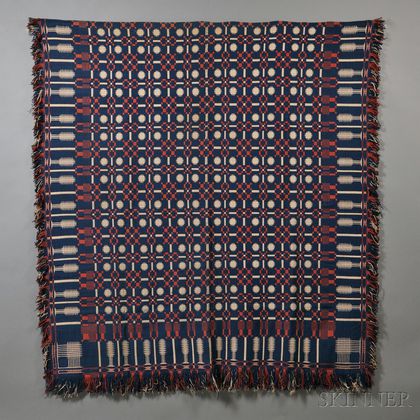 Handwoven Wool and Cotton Geometric Pattern Coverlet