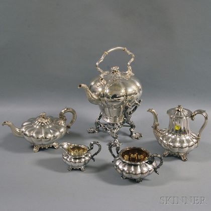 Boxed Assembled Silver and Silver-plated English Five-piece Melon-form Tea and Coffee Service