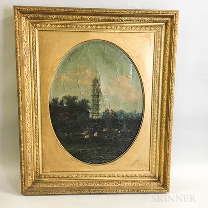 Framed Asian School Oil on Canvas View of a Pagoda