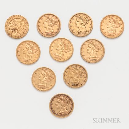 Nine $5 Liberty Head Gold Coins and a 1912-S $5 Indian Head Gold Coin