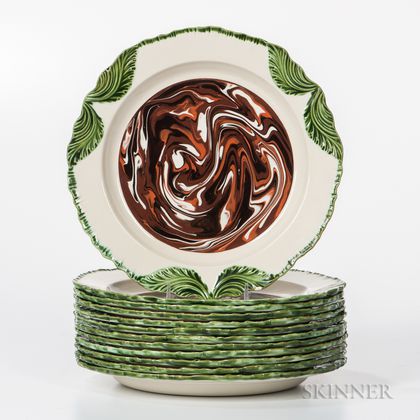 Twelve Don Carpentier Green Feather-edge Plates with Swirled Slip Decoration