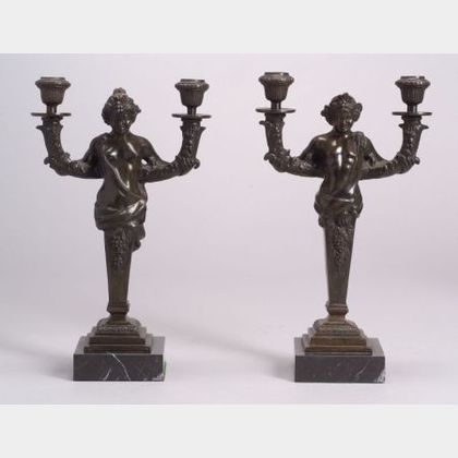 Pair of French Bronze Figural Two Light Candelabra