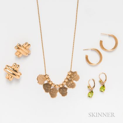Pair of 18kt Gold and Peridot Earrings, Two Pairs of Retro 14kt Gold Earrings, and a 14kt Gold Charm Necklace