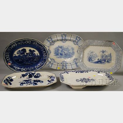 Five Large Blue and White Transfer-decorated Ironstone Platters